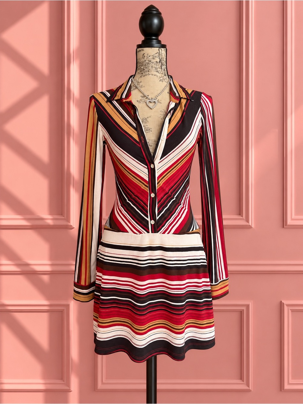 Y2K Sirens Striped Long-Sleeve Collared Dress